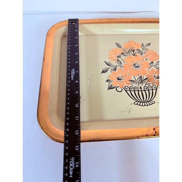 Rustic Metal Floral Serving Tray Gold Tone Flowers Trim Farmers Market VTG 50s - Picture 9 of 16